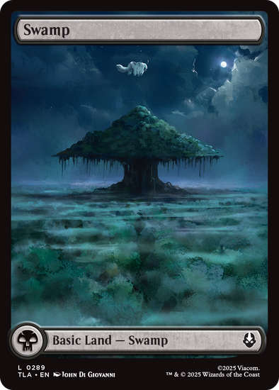 Magic: The Gathering Swamp card. A misty, eerie landscape with a massive tree and glowing moon. A ghostly creature floats above. Basic land that produces black mana.