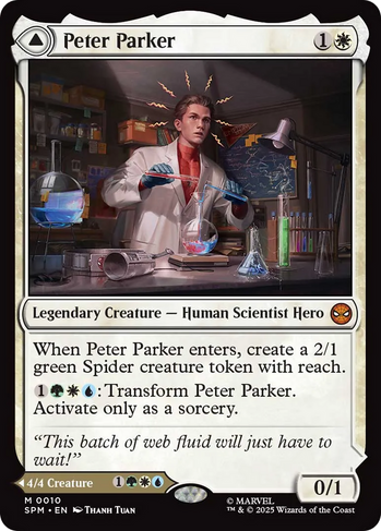 A scientist in a lab holds a beaker and pipette under a lamp, surrounded by colorful flasks. Text reads: "Peter Parker, Human Scientist Hero."