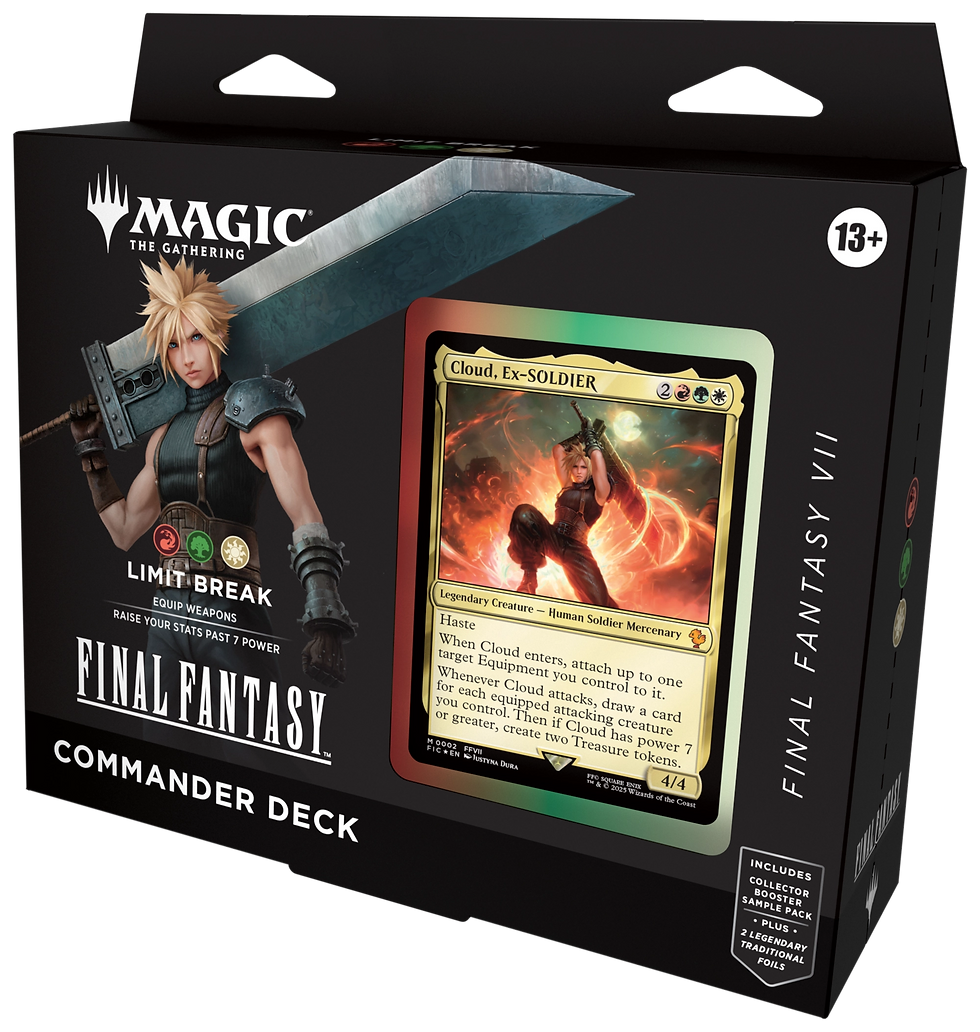 Magic: The Gathering Commander Deck box featuring Cloud from Final Fantasy VII holding a large sword. Text highlights "LIMIT BREAK" and "FINAL FANTASY VII."