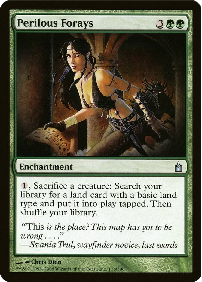 A woman with long hair crouches in an arched, stone corridor, holding a weapon. The card reads "Perilous Forays" with enchantment details.