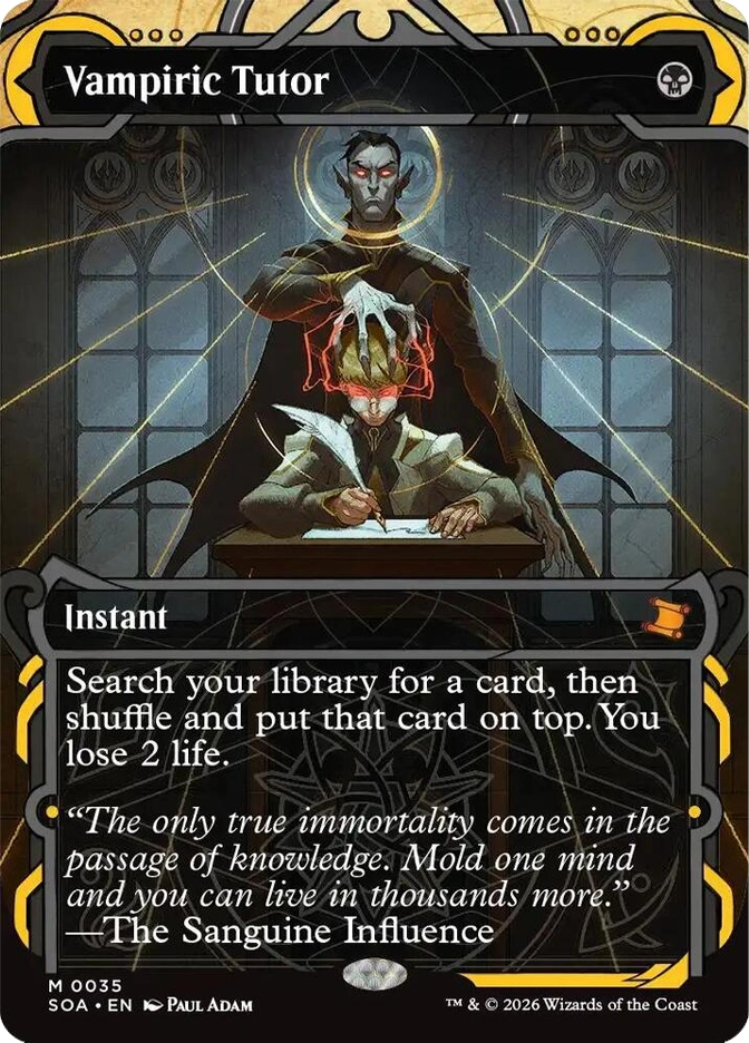 Vampiric Tutor — Mythic Instant, B. A tall vampire with glowing red eyes looms behind a young student writing at a desk, golden halo and light rays framing the sinister mentor figure. SOA set, card M0035, art by Paul Adam.