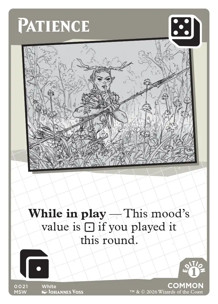 Patience — Mood Swings Mark Rosewater card game, White Common mood card #0021. Dice value: 4. A pointy-eared elf with antler-like horns crouches stealthily among tall wildflowers and grass, holding a long spear horizontally, rendered in delicate pencil line art. Ability: While in play — This mood's value is 1 if you played it this round. MSW Edition 1, art by Johannes Voss.
