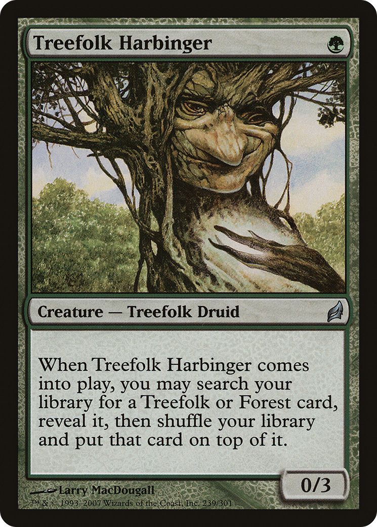 Treefolk Harbinger card features a tree creature with a human-like face, set against a forest background. Text details its game abilities.