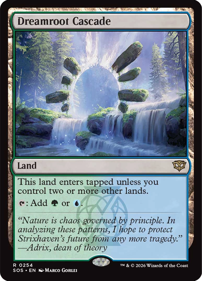 Magic: The Gathering — Secrets of Strixhaven. Dreamroot Cascade, Rare, Land. Art depicts moss-covered stones orbiting a glowing circular portal in a lush forest clearing with cascading waterfalls, bathed in soft blue and white light.