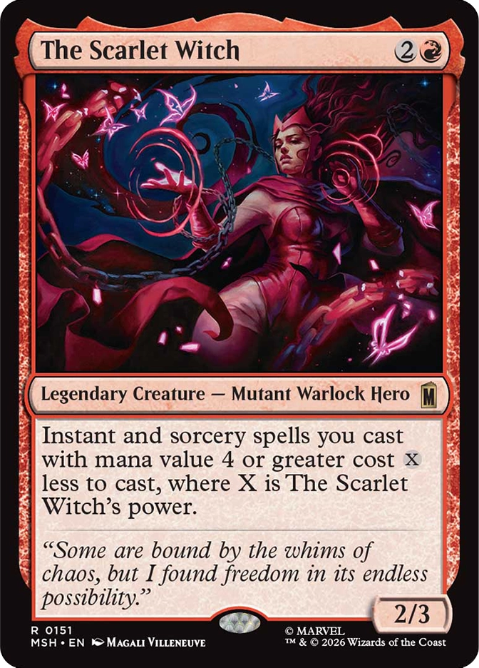 The Scarlet Witch — Rare Legendary Creature, Mutant Warlock Hero, cost 2R, 2/3, card #R0151. A woman in a dark red bodysuit with wild flowing dark hair and a crimson headpiece floats amid swirling red chaos energy rings and glowing pink butterfly shapes, her expression intense as she gestures with both hands, broken chains and dark tendrils in the background. Instant and sorcery spells you cast with mana value 4 or greater cost X less to cast, where X is The Scarlet Witch's power. Flavor text: 'Some are bound by the whims of chaos, but I found freedom in its endless possibility.' MSH set, red border, art by Magali Villeneuve, Marvel. 2026 Wizards of the Coast.