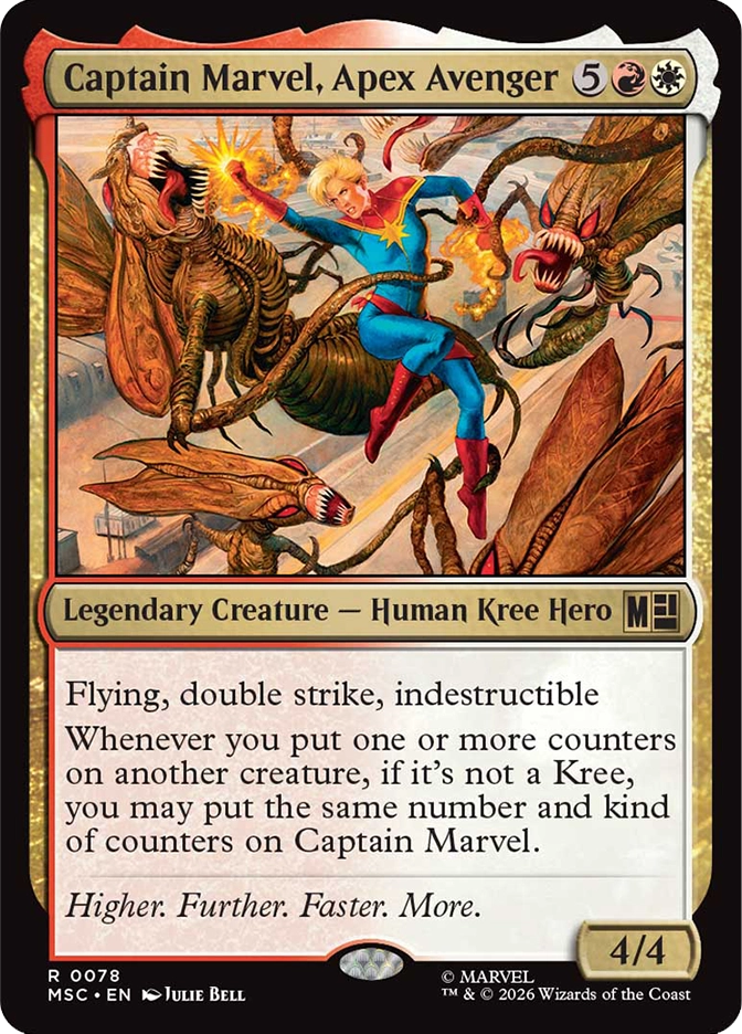 Captain Marvel, Apex Avenger — Rare Legendary Creature, Human Kree Hero, cost 5RB, 4/4, card #R0078. A blonde woman in a blue, red, and gold bodysuit punches through a large insectoid alien creature with a glowing fist, a second large winged alien creature with an open fanged mouth attacking from the right, a ground level view of more alien creatures below in a sandy environment. Flying, double strike, indestructible. Whenever you put one or more counters on another creature, if it's not a Kree, you may put the same number and kind of counters on Captain Marvel. Flavor text: 'Higher. Further. Faster. More.' MSC set, gold multicolor border, art by Julie Bell, Marvel. 2026 Wizards of the Coast.