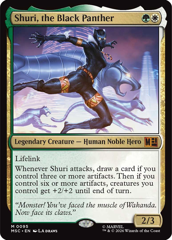 Shuri, the Black Panther — Mythic Legendary Creature, Human Noble Hero, cost GW, 2/3, card #M0095. A figure in a sleek black Vibranium panther suit with glowing golden eyes leaps dynamically forward in an aggressive pounce, two large silver panther-like robotic creatures running alongside in a purple-tinted futuristic Wakandan cityscape background. Lifelink. Whenever Shuri attacks, draw a card if you control three or more artifacts — then if you control six or more artifacts, creatures you control get +2/+2 until end of turn. Flavor text: 'Monster! You've faced the muscle of Wakanda. Now face its claws.' MSC set, gold multicolor border, art by L.A Draws, Marvel. 2026 Wizards of the Coast.