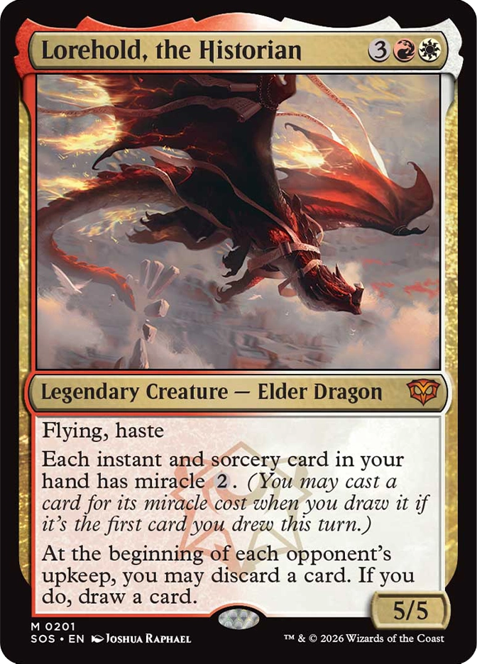 Magic: The Gathering — Secrets of Strixhaven. Lorehold, the Historian, Mythic Rare, Legendary Creature — Elder Dragon, 5/5. Art depicts a large red and brown dragon banking sharply in flight through bright cloudy skies, with fiery orange energy trailing from its wings.