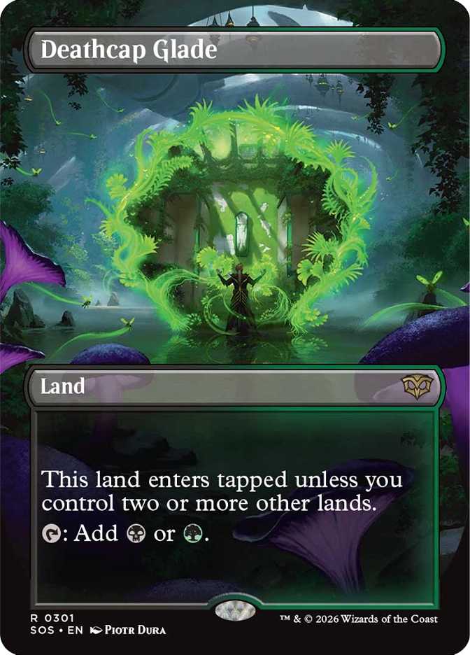 Magic: The Gathering — Secrets of Strixhaven. Deathcap Glade, Rare, Land. Art depicts a figure standing before a glowing green arched gateway of vines and ferns in a dark swampy forest with large purple mushrooms in the foreground.