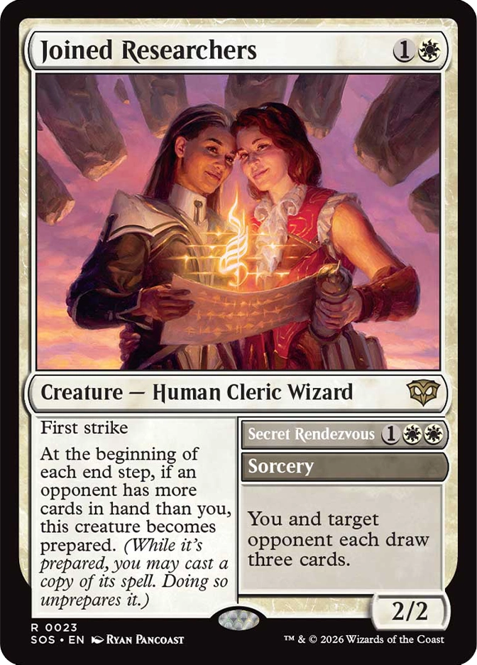 Magic: The Gathering — Secrets of Strixhaven. Joined Researchers, Rare, Creature — Human Cleric Wizard, 2/2. Art depicts two students leaning heads together while holding a glowing scroll between them against a warm purple sky.