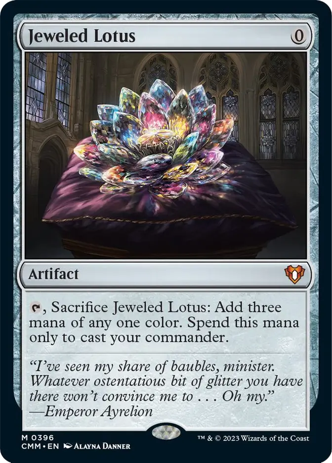 Jeweled Lotus artifact card showing a sparkling crystal lotus on a dark cushion in a cathedral, with rules text and quote below.