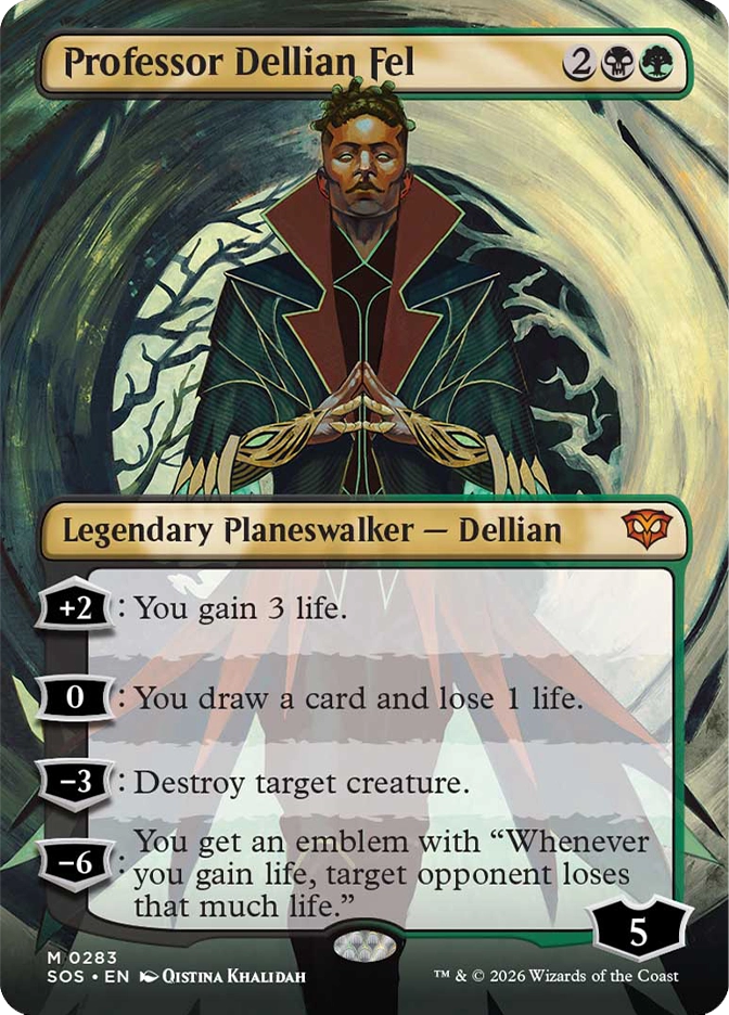 Magic: The Gathering — Secrets of Strixhaven. Professor Dellian Fel, Mythic Rare, Legendary Planeswalker — Dellian, Starting Loyalty 5. Art depicts a composed figure in a dark layered cloak with hands clasped, surrounded by a swirling vortex of roots and shadows.