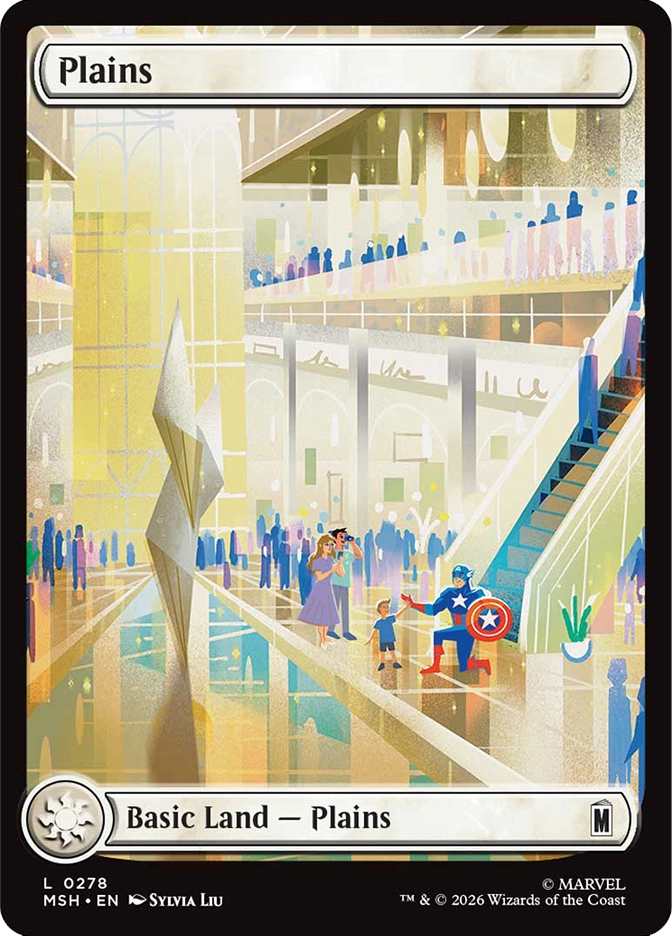 Magic: The Gathering MSH Plains basic land. Art by Sylvia Liu depicting Captain America kneeling to greet a young child inside a bright, grand public atrium filled with visitors.