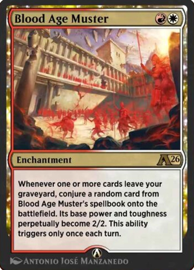 Blood Age Muster — MTG Arena Alchemy Enchantment, cost RW, Alchemy A26 set, gold multicolor foil border. A massive army of glowing red skeletal warrior figures floods through the streets and colonnades of a crumbling ancient stone city, a single red-armored commander figure visible on the right raising a spear aloft amid fire and chaos. Ability: Whenever one or more cards leave your graveyard, conjure a random card from Blood Age Muster's spellbook onto the battlefield as a 2/2. Triggers only once each turn. Art by Antonio José Manzanedo.