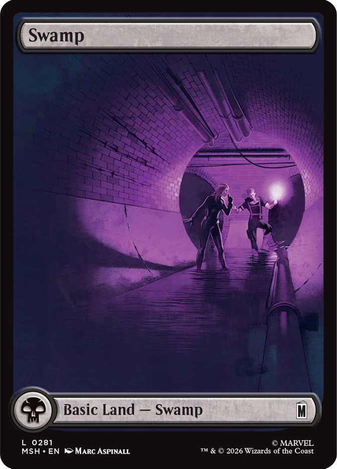 Magic: The Gathering MSH Swamp basic land. Art by Marc Aspinall depicting two figures wading through a flooded underground tunnel illuminated by a glowing orb.