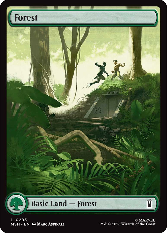 Magic: The Gathering MSH Forest basic land. Art by Marc Aspinall depicting two figures leaping from a jungle bunker entrance surrounded by dense tropical foliage and hanging vines.