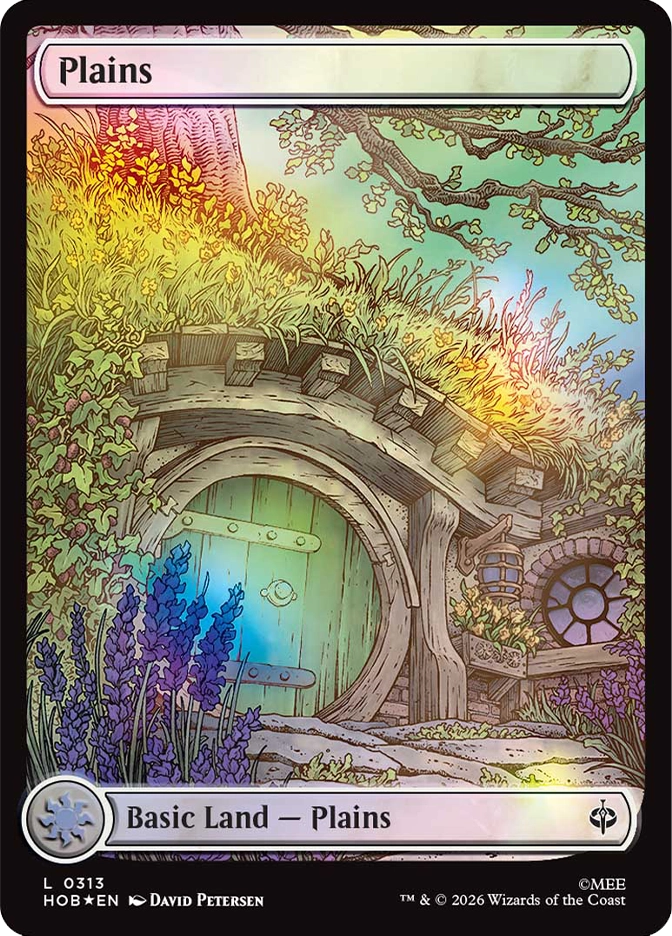 MTG The Hobbit Plains basic land card showing Bag End's round hobbit hole door in spring, with purple lavender blooming at the base, fresh green ivy and wildflowers growing across the stone arch, a glowing lantern beside the circular window, and soft early morning light warming the hillside above. Art by David Petersen.