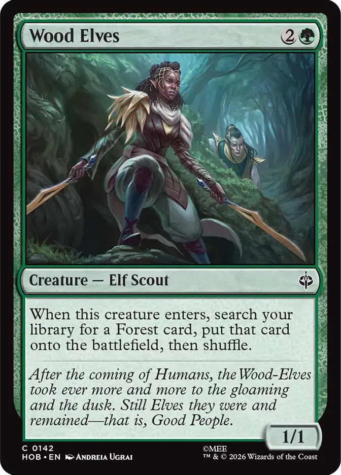 Elf scouts move stealthily through a forest with green hues. Card text describes their abilities and lore, titled "Wood Elves."