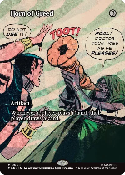 A comic-style scene where a character blows into a large horn while another character warns against using it. Speech bubbles read “DO NOT USE IT!” and “FOOL! Doctor Doom does as he pleases!” The card frame is brown.