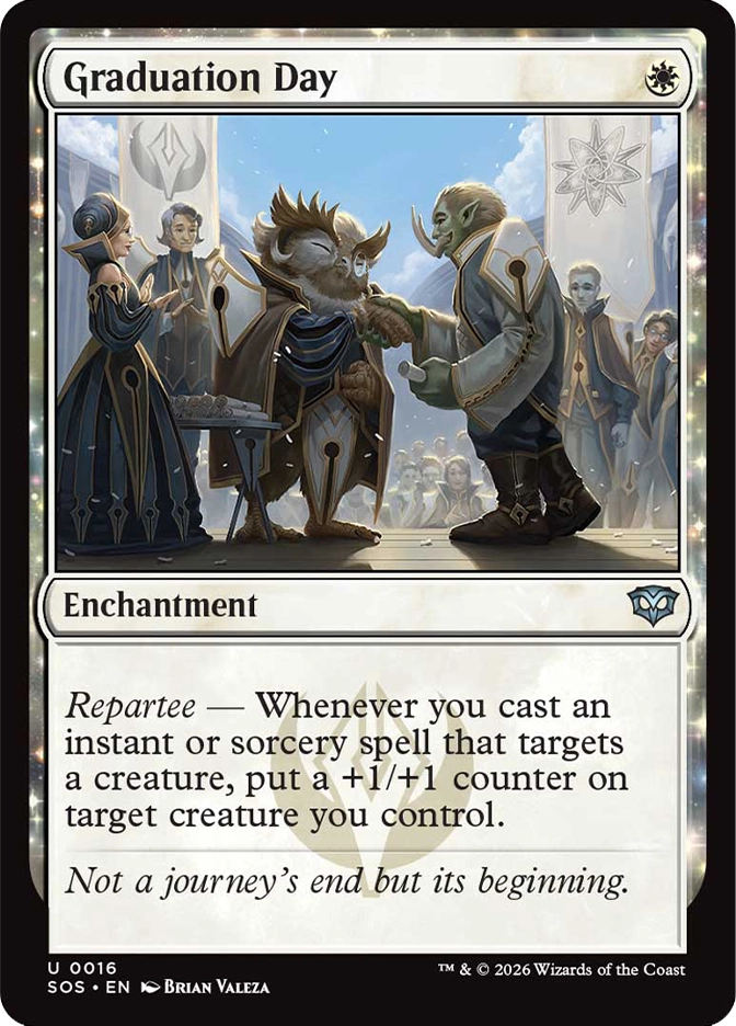 Magic: The Gathering — Secrets of Strixhaven. Graduation Day, Uncommon, Enchantment. Art depicts an owl-like creature in academic robes receiving a diploma scroll from a tall goblin official on stage, with faculty and a cheering audience in the background.