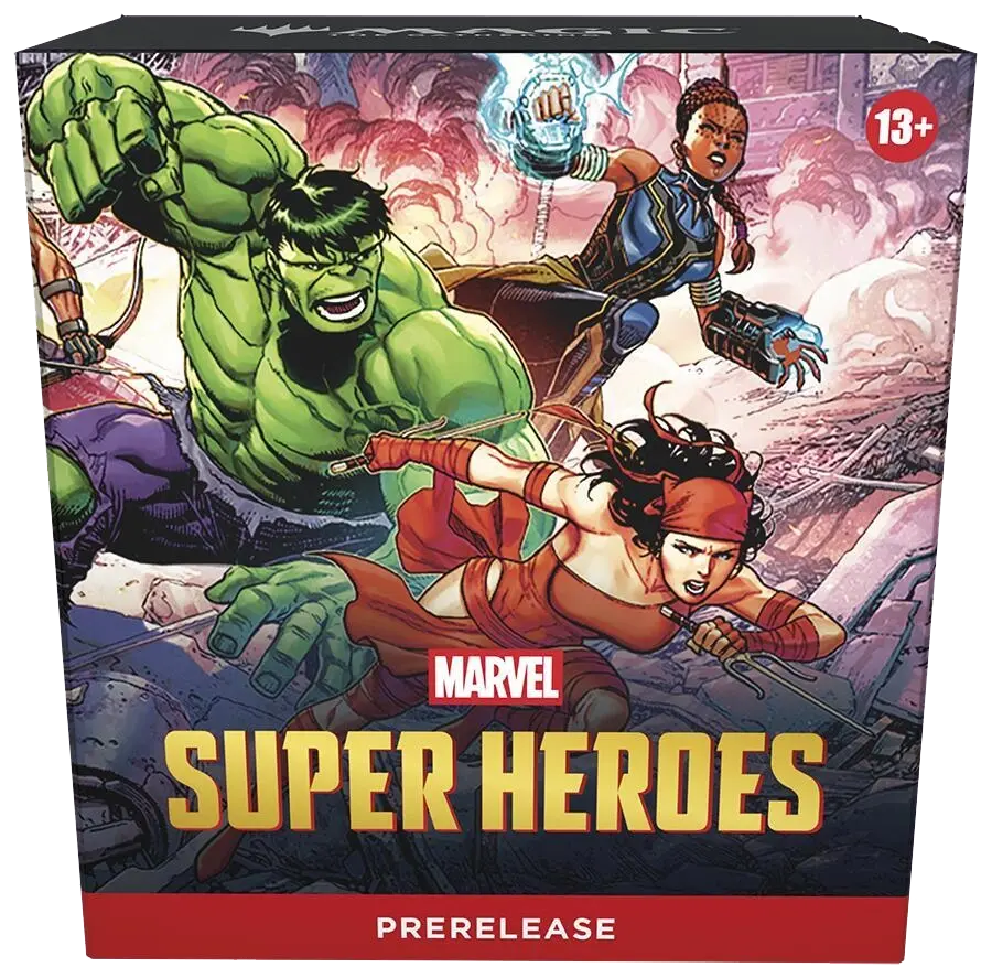 Marvel Super Heroes prerelease box art showing Hulk and two heroes in a smoky battle scene; 13+ label.