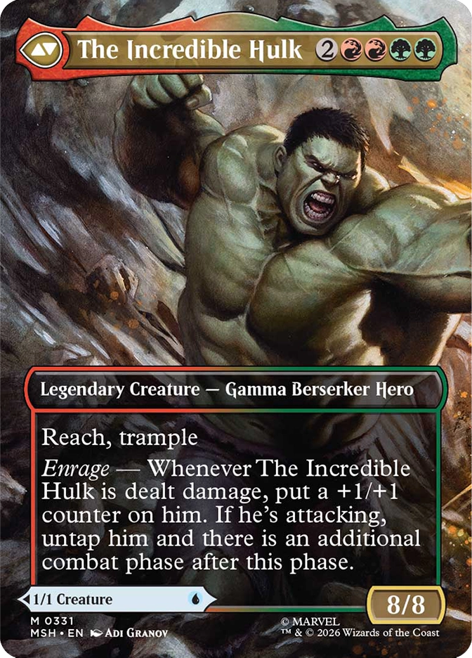 Magic: The Gathering MSH mythic rare legendary creature card The Incredible Hulk. Art by Adi Granov depicting the Hulk roaring and lunging forward through rubble with fists raised. 8/8 Gamma Berserker Hero with reach, trample, and an Enrage ability that places +1/+1 counters when damaged and grants an additional combat phase while attacking.