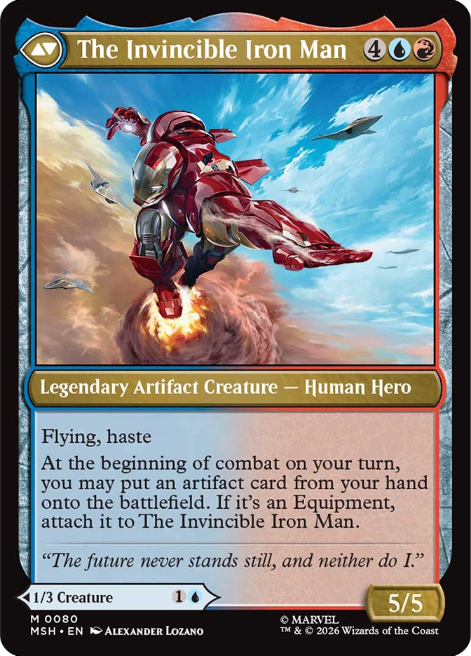 The Invincible Iron Man — Mythic Legendary Artifact Creature, Human Hero, cost 4UR, 5/5, card #M0080. A sleek red and gold armored suit rockets upward at speed trailing fire and smoke from boot jets, one arm extended forward, military aircraft visible in the blue cloudy sky behind. Flying, haste. At the beginning of combat on your turn, you may put an artifact card from your hand onto the battlefield — if it's Equipment, attach it to The Invincible Iron Man. Flavor text: 'The future never stands still, and neither do I.' 1/3 Creature back face, cost 1U. MSH set, blue/red split border, art by Alexander Lozano, Marvel. 2026 Wizards of the Coast.