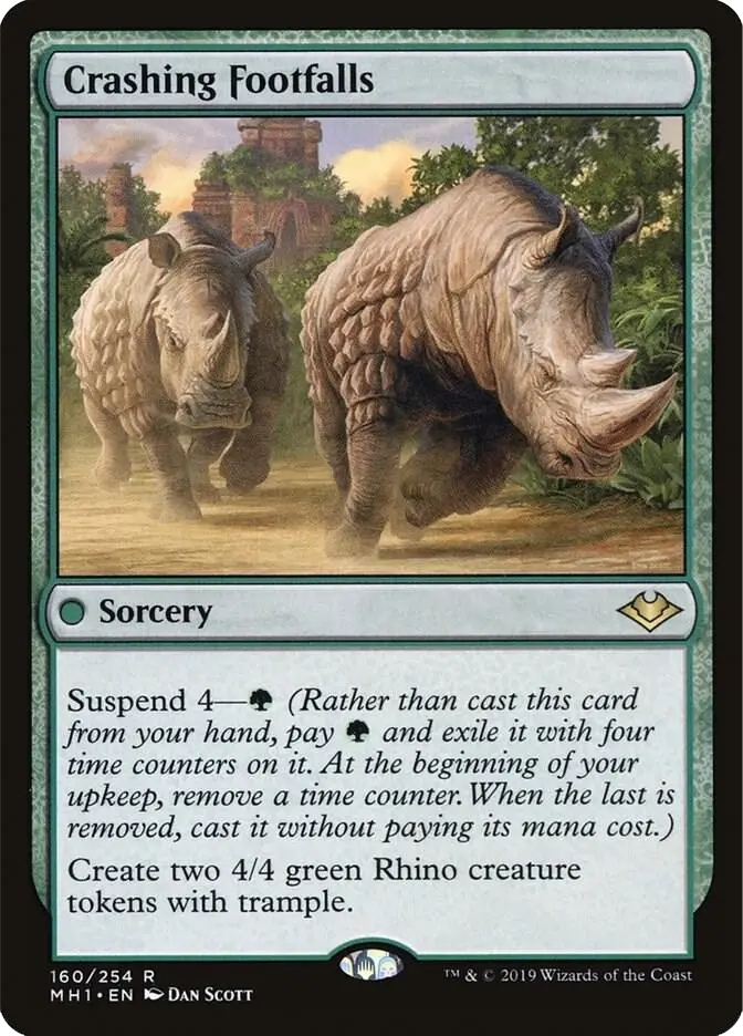 Magic: The Gathering card Crashing Footfalls shows two rhinos charging through a jungle ruin, with Sorcery text below.