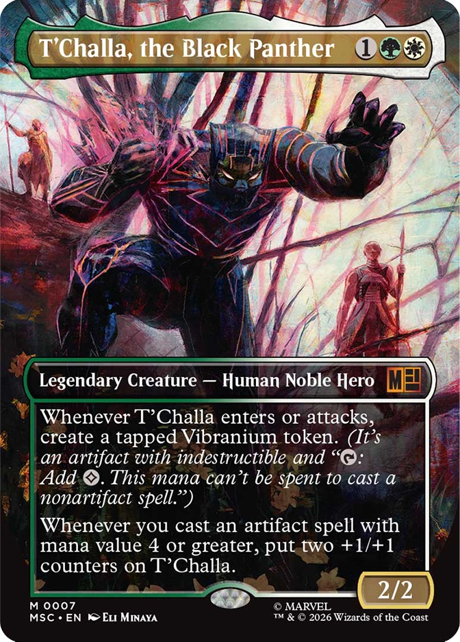 T'Challa, the Black Panther — Mythic Legendary Creature, Human Noble Hero, cost 1GW, 2/2, card #M0007. A powerful figure in a textured black Vibranium suit with claw-tipped gloves lunges aggressively toward the viewer through a tangle of dark crimson and purple branches, a smaller red-armored figure with a spear visible in the background, the scene rendered in moody painterly brushwork. Whenever T'Challa enters or attacks, create a tapped indestructible Vibranium artifact token that taps to add one colorless mana usable only for artifact spells. Whenever you cast an artifact spell with mana value 4 or greater, put two +1/+1 counters on T'Challa. MSC set, full art extended green border, art by Eli Minaya, Marvel. 2026 Wizards of the Coast.