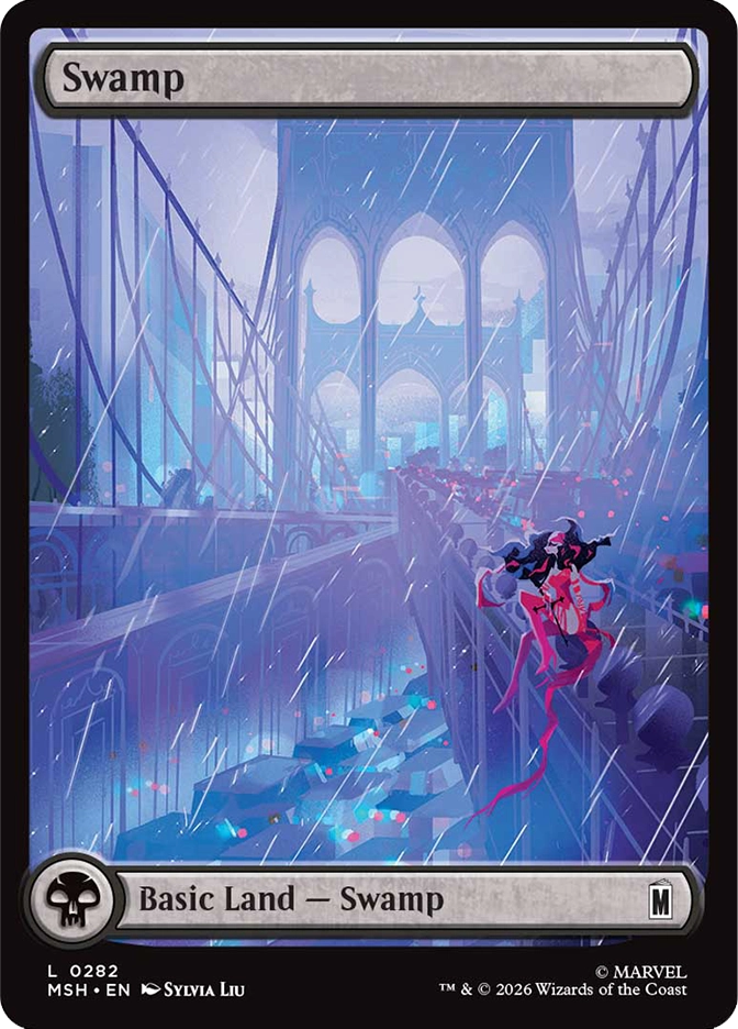 Magic: The Gathering MSH Swamp basic land. Art by Sylvia Liu depicting a red-costumed figure falling through rain on a dark, gothic suspension bridge with glowing debris scattered around.