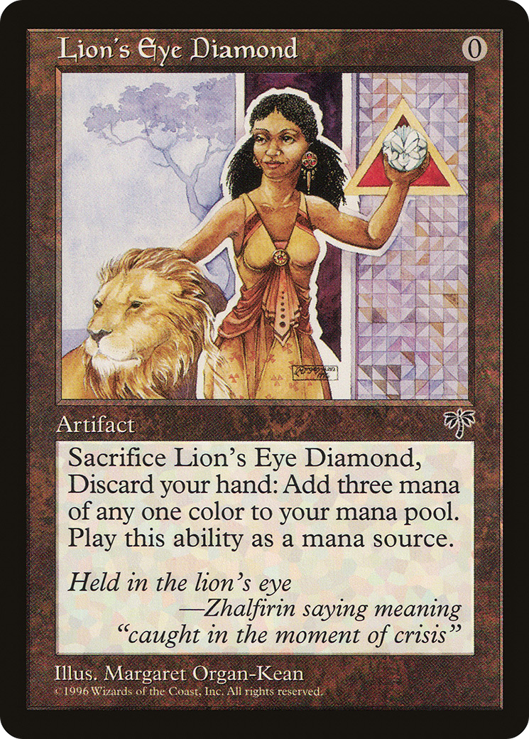 A woman holds a stone next to a lion against a patterned background. Text reads: Lion's Eye Diamond, with instructions and flavor text.