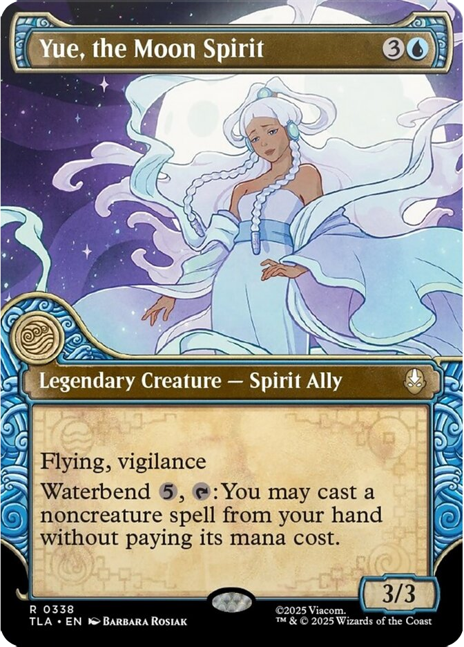 A serene figure with flowing robes and celestial background. Text: "Yue, the Moon Spirit," with game stats and abilities below.