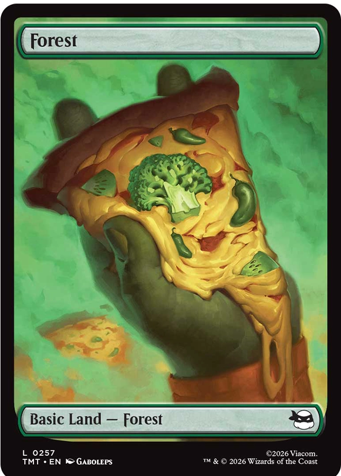 A slice of pizza covered in green vegetables—broccoli florets, jalapeño slices, green pepper pieces—is held up against a glowing green forest-like background, with melted cheese cascading downward.