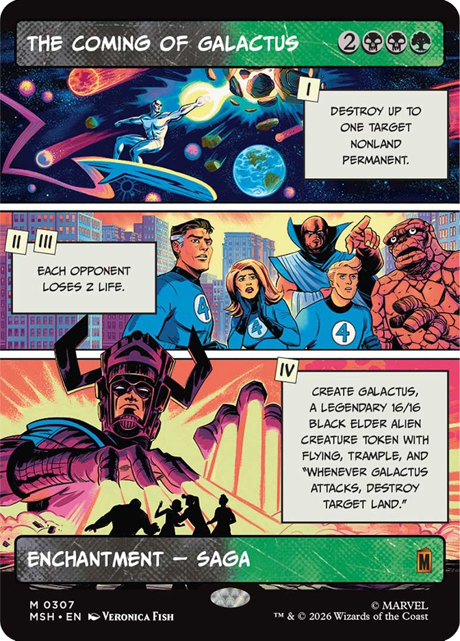 Magic: The Gathering MSH mythic rare enchantment saga card The Coming of Galactus. Art by Veronica Fish in a three-panel retro comic style. Panel I shows the Silver Surfer surfing through a colorful cosmic scene with Earth visible. Panels II and III show the Fantastic Four standing defiantly before a city skyline. Panel IV shows Galactus looming over fleeing figures with his arms raised. Four chapter abilities: destroy a nonland permanent, each opponent loses 2 life, and finally create a legendary 16/16 Galactus token with flying, trample, and a land destruction trigger on attack.