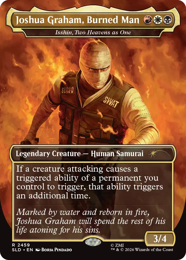 A heavily bandaged figure wearing a tactical vest labeled “SWAT” stands amid roaring flames. His clothing is scorched, and he walks forward with a determined posture through the blazing inferno.