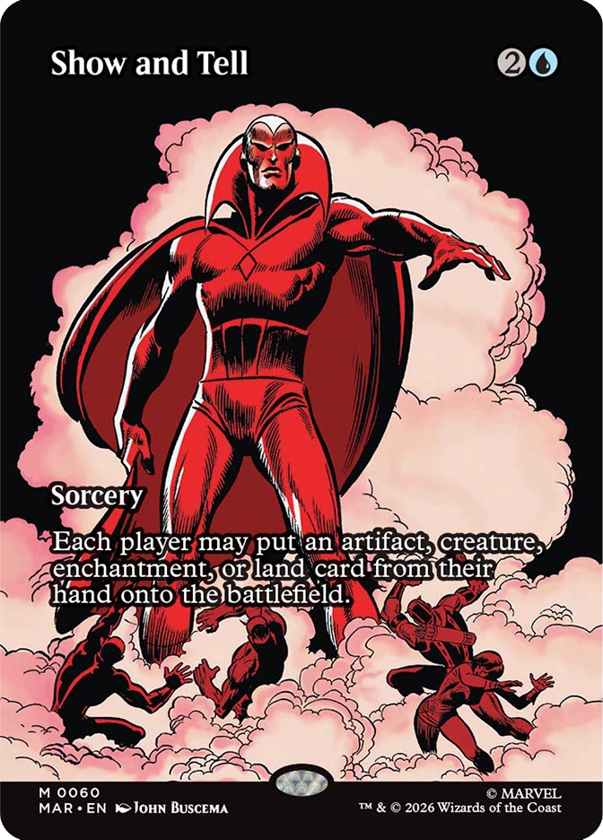 Magic: The Gathering MAR mythic rare sorcery card Show and Tell. Art by John Buscema in classic Marvel comic style depicting Magneto in his red costume and helmet standing imperiously as smaller figures in red suits are hurled through pink clouds around him on a stark black background. Each player may put an artifact, creature, enchantment, or land card from their hand directly onto the battlefield.