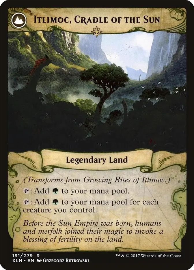 Fantasy card art of Itlimoc, Cradle of the Sun, showing a misty jungle valley with a lone tree and waterfall; Legendary Land text.