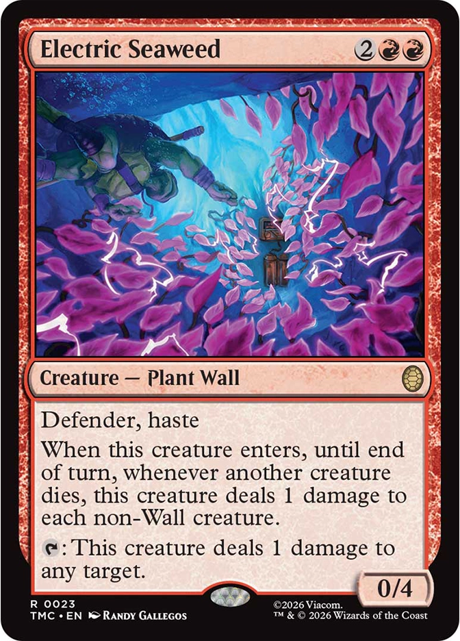 A patch of vibrant, glowing pink seaweed forms an electrified barrier underwater while a turtle swims nearby in a deep blue aquatic scene.