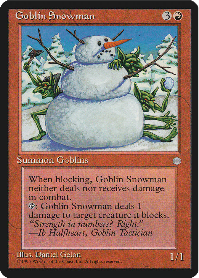 A snowman with a carrot nose and twig arms is surrounded by green goblins in a snowy forest. Text reads "Goblin Snowman."