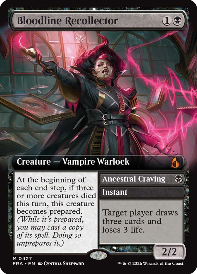 Bloodline Recollector — Mythic Creature, Vampire Warlock, 1B, 2/2, card #M0427. A pale vampire woman with wild magenta hair and fangs bared stands in a darkened gallery, arms outstretched as crackling pink-red lightning energy surges around her, framed portraits visible on the walls behind her. Features a split card with a secondary spell: Ancestral Craving (Instant) — Target player draws three cards and loses 3 life. Main ability: At the beginning of each end step, if three or more creatures died this turn, this creature becomes prepared. FRA set, extended art border, art by Cynthia Sheppard.