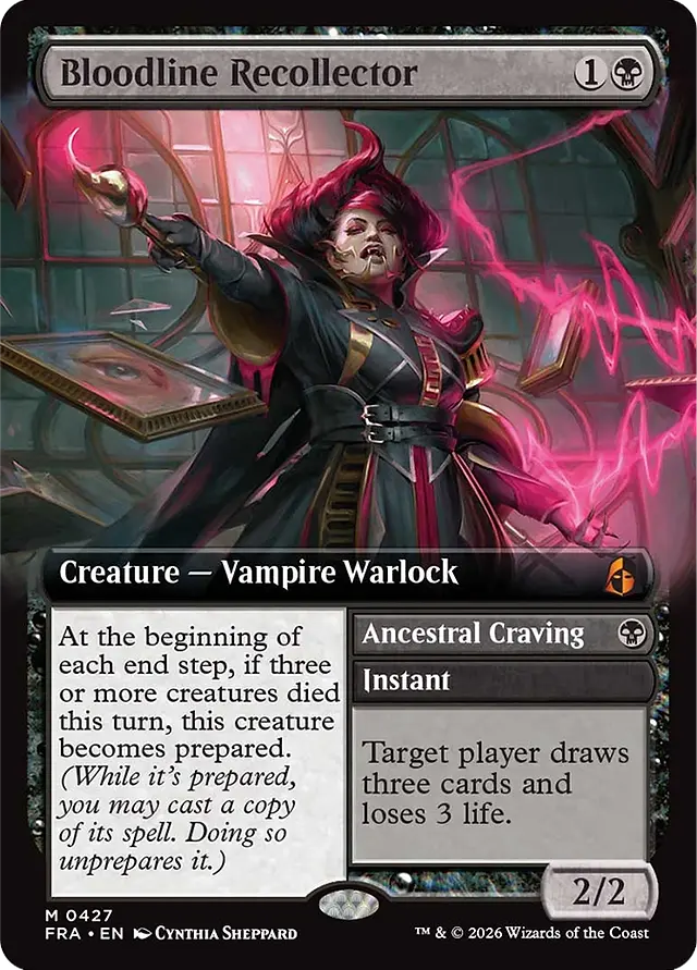 Bloodline Recollector — Mythic Creature, Vampire Warlock, 1B, 2/2, card #M0427. A pale vampire woman with wild magenta hair and fangs bared stands in a darkened gallery, arms outstretched as crackling pink-red lightning energy surges around her, framed portraits visible on the walls behind her. Features a split card with a secondary spell: Ancestral Craving (Instant) — Target player draws three cards and loses 3 life. Main ability: At the beginning of each end step, if three or more creatures died this turn, this creature becomes prepared. FRA set, extended art border, art by Cynthia Sheppard.