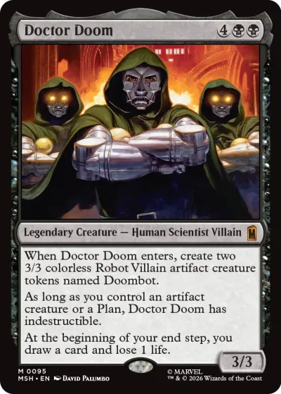 A card featuring Doctor Doom in a green hooded cloak with metallic armor, flanked by two identical armored figures. The background glows with fiery orange light. Text describes him as a Legendary Creature – Human Scientist Villain with artifact-related abilities.