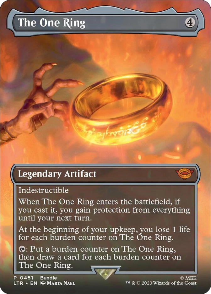 The One Ring — Promo Legendary Artifact, cost 4, card #P0451. A glowing golden ring with elvish inscription script along its band floats in the foreground, a gaunt grasping clawed hand reaching toward it from the left against a dramatic fiery orange and red cavern background. Indestructible. Abilities: When The One Ring enters the battlefield, if you cast it, you gain protection from everything until your next turn; At the beginning of your upkeep, lose 1 life for each burden counter on The One Ring; Tap: Put a burden counter on The One Ring, then draw a card for each burden counter on it. LTR Bundle promo, extended art border, art by Marta Nael, 2023.