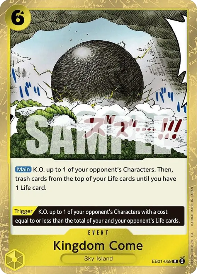 A giant black sphere crashes through clouds, with "SAMPLE" text overlay. Yellow border with text details game actions and title "Kingdom Come."