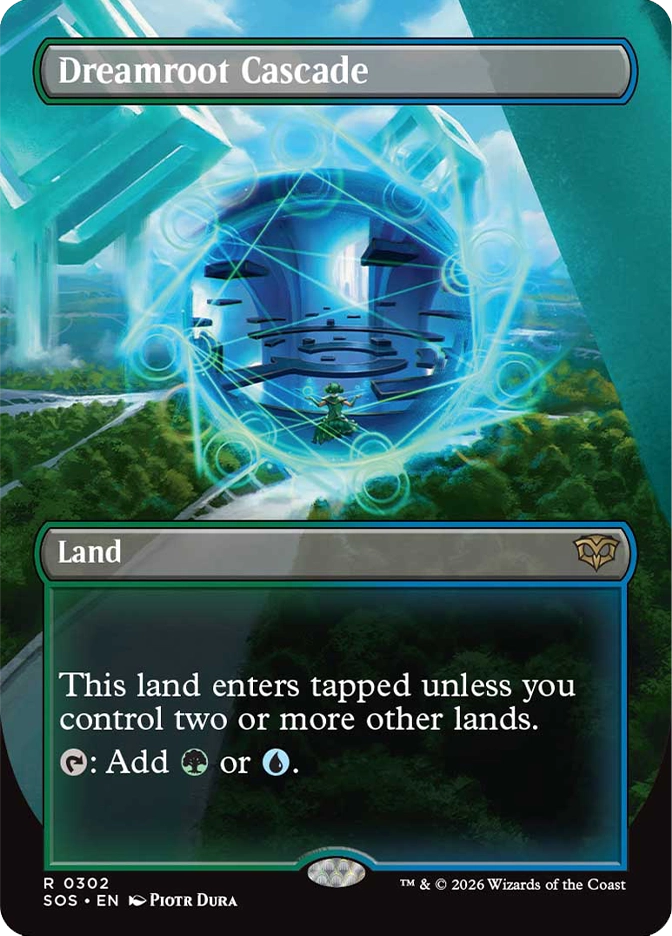 Magic: The Gathering — Secrets of Strixhaven. Dreamroot Cascade, Rare, Land. Art depicts a small figure floating before a massive glowing blue circular portal suspended over a lush green landscape with geometric teal architecture.