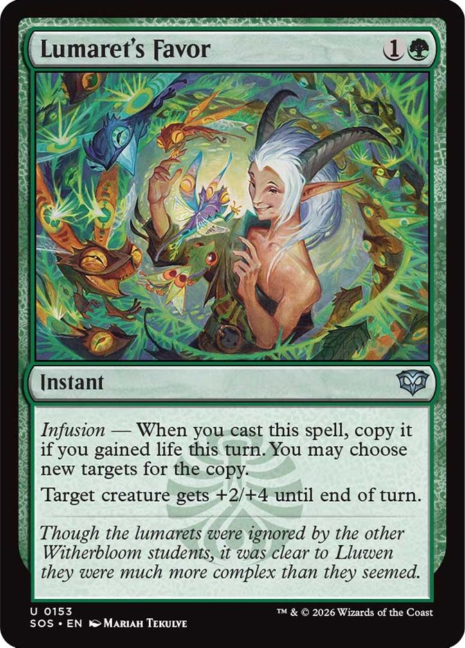 Magic: The Gathering — Secrets of Strixhaven. Lumaret's Favor, Uncommon, Instant. Art depicts a horned elf-like figure with white hair smiling warmly as colorful luminous insects and creatures swirl playfully around her in a lush green magical environment.