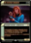 Trading card of Dr. Beverly Crusher in blue uniform holding a device, with rules text and legendary creature: human doctor.