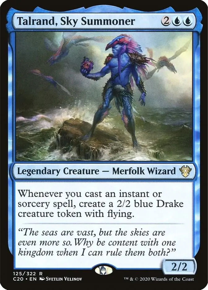 A blue creature stands on rocks, summoning in a stormy sea. Text reads: "Talrand, Sky Summoner," with game stats and a quote below.
