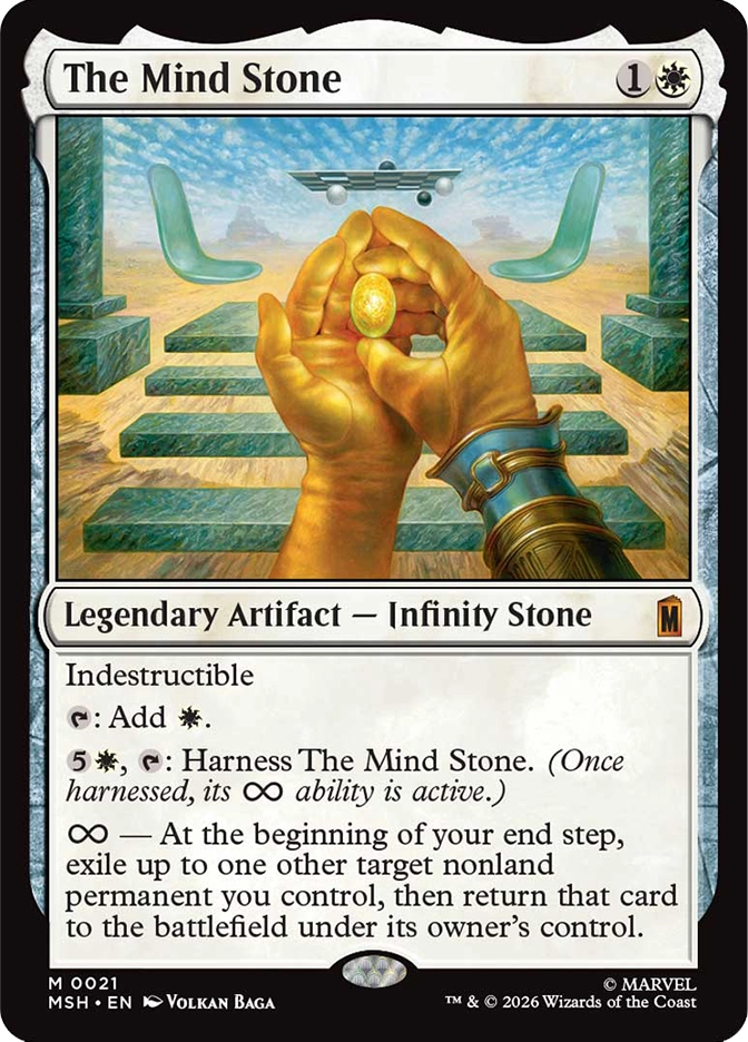 Magic: The Gathering MSH mythic rare legendary artifact card The Mind Stone, standard frame. Art by Volkan Baga depicting two golden gauntleted hands holding the small yellow Mind Stone aloft in a grand stone temple setting with a hovering spacecraft in the background. Indestructible, taps to add white mana, and can be harnessed to exile and return a nonland permanent at each end step.