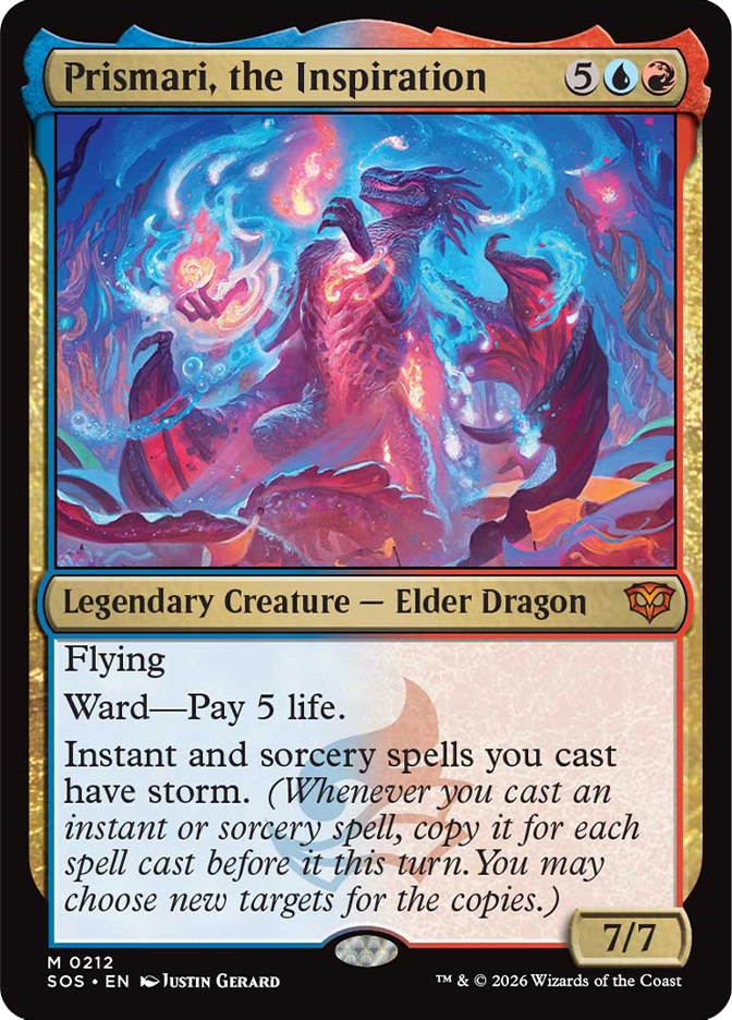 Magic: The Gathering — Secrets of Strixhaven. Prismari, the Inspiration, Mythic Rare, Legendary Creature — Elder Dragon, 7/7. Art depicts a serpentine dragon conjuring swirling orbs of red and blue elemental fire and water energy in a vivid painterly explosion of color.